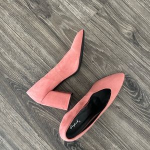 Qupid Pink Suede Block Heel Pump